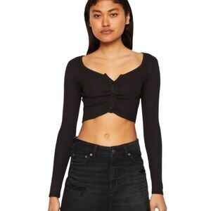 American Eagle Black Button Cinched Front Cropped Cardigan N0236